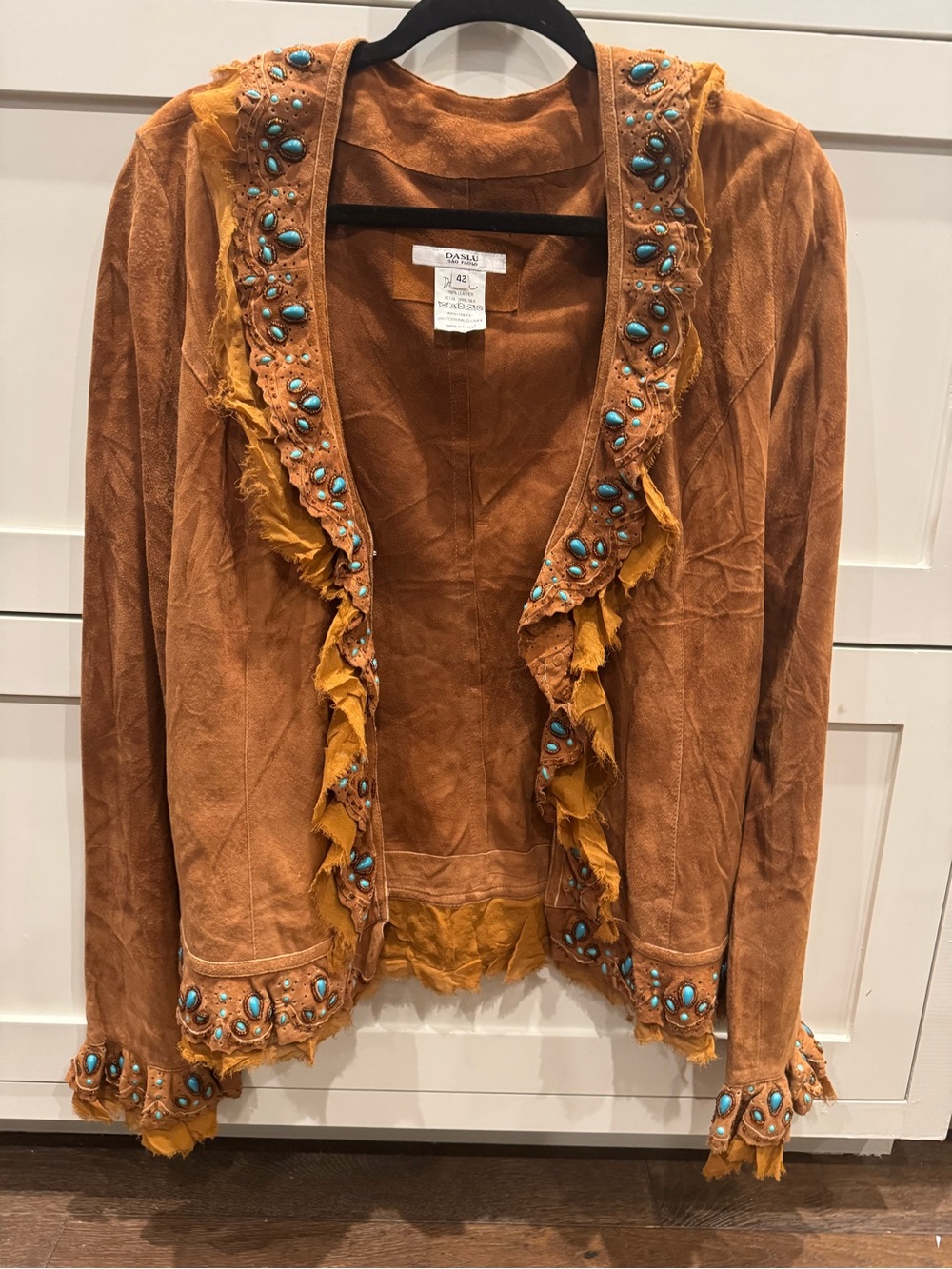 Rust Suede Jacket with Turquoise Bead Trim